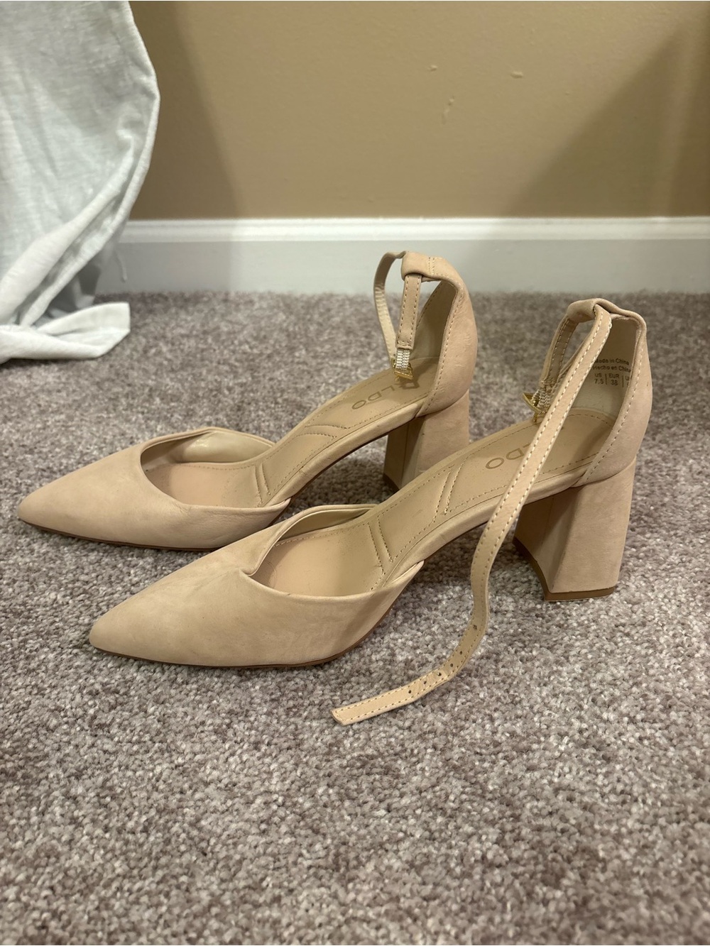 Aldo Beige Pointed-Toe Block Heel Ankle Strap Pumps